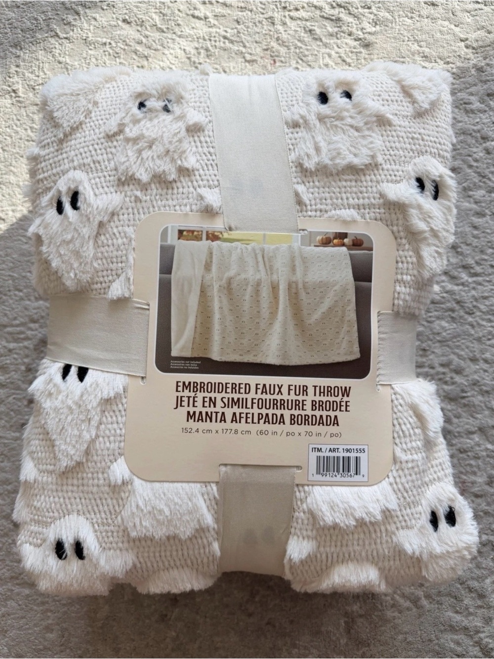 NWT Costco Halloween Ghost Embroidered Faux Fur Blanket 60x70